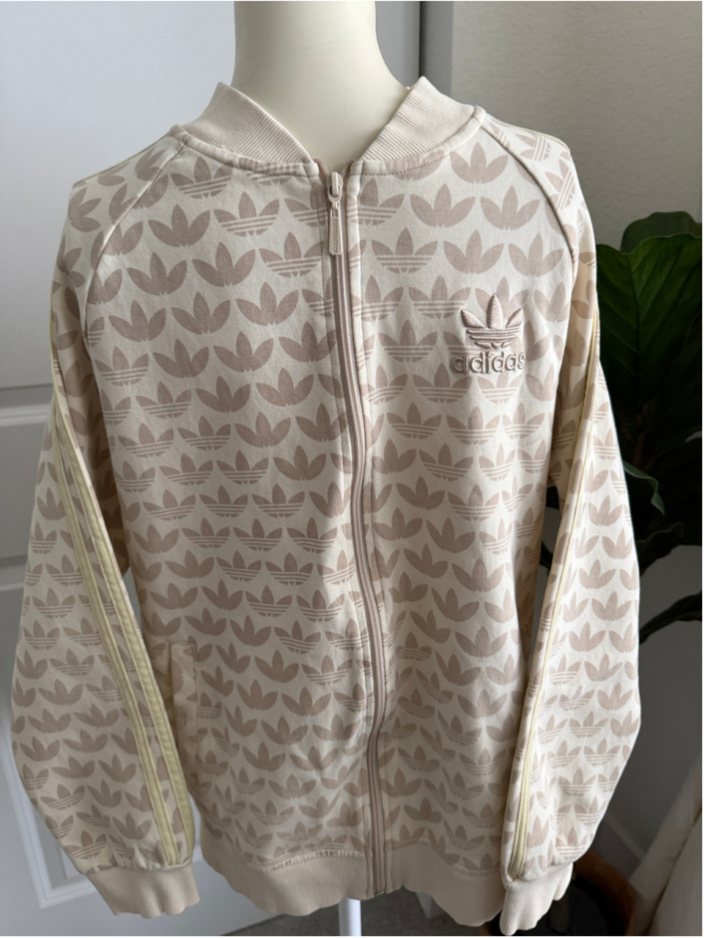 Adidas Trefoil Monogram Zip-Up Sweatshirt Beige Size M Men’s
